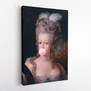 Marie Antoinette with pink Bubble gum print, Vintage French Rococo, Marie Antoinette with Bubble Gum Eclectic Alter Art Print Portrait