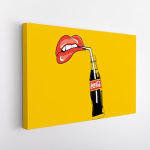Impresión de lienzo de labios / Cartel retro de Coca Cola / Arte de pared de cocina / Decoración de pared amarilla / Arte de pared extra grande Coca-Cola Lienzo Bebida Lienzo Labios