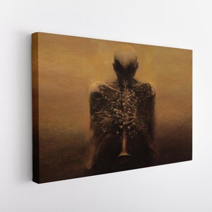 Skeleton Playing The Trumpet, Painting of Zdzislaw Beksinski Wall Decor, Surreal Painting Wall Art,Surreal Canvas Art, Musician Skeleton Art