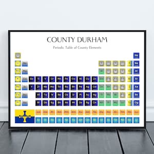 County Durham Periodensystem Druck, personalisiertes Poster, Farben der County Flagge, Chemische Elemente Wandkunst, County Durham Haus Kunst Geschenk