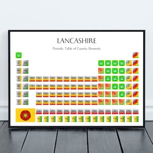 Lancashire Periodic Table Print, Personalised Lancashire Poster, County Flag Colours, Chemical Elements Wall Art, Lancashire Art Gift