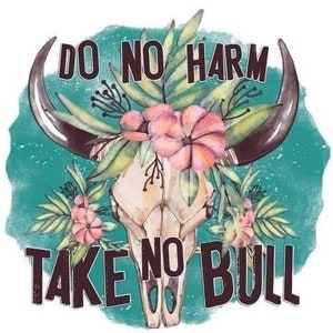 Może przedstawiać: Turkusowe tło z białą czaszką ozdobioną kwiatami i tekstem "Do No Harm Take No Bull".