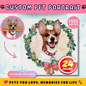 Custom Christmas Pet Portrait Watercolor Painting, Personalized Dog Portrait, Pet Memorial Art, Unique Holiday Gift for Pet Lovers