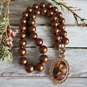 Virgin Mary Necklace, Gold and Brown Shell Pearl Necklace with gold Our Lady of Perpetual Help Pendant, Pearl Gift Necklace