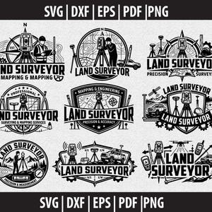 Puede incluir: Una colección de logotipos de topógrafo en blanco y negro con varios diseños. Cada logotipo presenta equipos de topografía, texto e ilustraciones relacionadas con el mapeo, la precisión y la medición. Los logotipos son adecuados para formatos SVG, DXF, EPS, PDF y PNG.