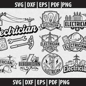 Könnte beinhalten: Schwarz-weiße Grafiken mit dem Wort „Elektriker“ und verschiedenen Werkzeugen und elektrischen Geräten. Designs umfassen Stromleitungen, Messgeräte, Schraubenschlüssel und Sicherheitsausrüstung. Das Bild enthält auch die Dateitypen SVG, DXF, EPS, PDF und PNG.