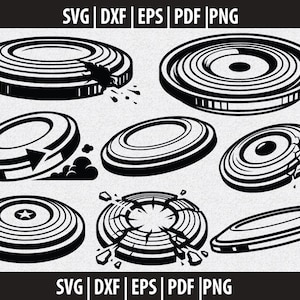 Op de afbeelding: Zwart-wit afbeelding van kleiduiven in verschillende staten van breuk. Sommige zijn heel, andere verbrijzeld, en één heeft een pijlgrafiek. De afbeelding bevat de tekst "SVG | DXF | EPS | PDF | PNG".
