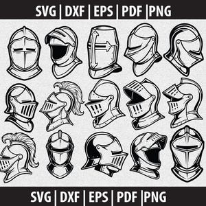 Könnte beinhalten: Schwarz-Weiß-Illustrationen verschiedener mittelalterlicher Ritterhelme. Die Sammlung umfasst verschiedene Stile, wie Visiere, offene Helme und Helme mit dekorativen Elementen. Der Text "SVG | DXF | EPS | PDF | PNG" ist ebenfalls enthalten.