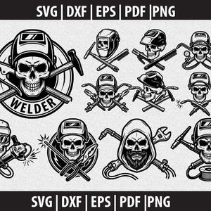 May include: Black and white illustrations of welding-themed designs. The designs feature skulls wearing welding helmets and holding tools like hammers, pliers, and welding torches. The word "WELDER" is also included in one of the designs.