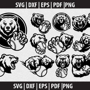 May include: Black and white graphic designs featuring bears with baseballs. The designs include bears with open mouths, holding baseballs, and in a circular frame. The image also includes the text "SVG | DXF | EPS | PDF | PNG".