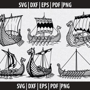 Pode incluir: Ilustração a preto e branco de seis navios vikings. Cada navio apresenta uma cabeça de dragão na proa, remos e velas. A imagem inclui o texto "SVG | DXF | EPS | PDF | PNG" na parte superior e inferior.