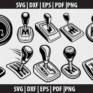 Può includere: Illustrazioni in bianco e nero di vari design di cambio auto. L'immagine include cambi manuali e automatici, insieme al testo "SVG | DXF | EPS | PDF | PNG".