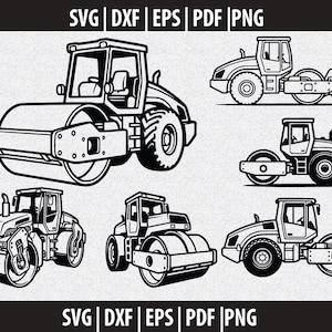 May include: Black and white line art of six different road roller designs. The images include various styles of road rollers, with detailed depictions of the cabs, rollers, and wheels. The top and bottom of the image include the text "SVG | DXF | EPS | PDF | PNG".