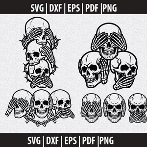 Op de afbeelding: Zwart-wit afbeelding van schedels met handen die ogen, oren en mond bedekken. Het ontwerp bevat meerdere schedelarrangementen, sommige gestapeld, en de tekst "SVG | DXF | EPS | PDF | PNG".