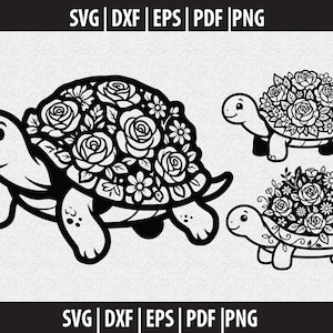 Puede incluir: Un gráfico digital en blanco y negro con tres ilustraciones de tortugas con caparazones florales. Cada caparazón está cubierto de rosas y flores pequeñas. El texto SVG | DXF | EPS | PDF | PNG aparece en la parte superior e inferior.