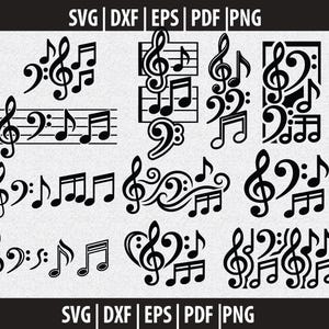 May include: A collection of black musical note graphics and symbols arranged in a grid. The set includes treble clefs, bass clefs, and various note groupings, some on staff lines. The text SVG | DXF | EPS | PDF | PNG appears at the top and bottom.