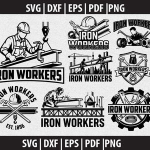 Puede incluir: Diseños gráficos en blanco y negro con el texto "IRON WORKERS" y varias ilustraciones. Las imágenes incluyen un trabajador de la construcción, herramientas y un escudo. Disponibles en formatos SVG, DXF, EPS, PDF y PNG.