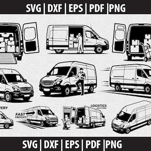 Könnte beinhalten: Schwarz-Weiß-Illustrationen von Lieferwagen in verschiedenen Posen. Einige Transporter haben offene Türen, die Kisten und eine Rampe zeigen. Andere Bilder zeigen Transporter mit Personen, die Pakete be- oder entladen. Text: "EXPRESS DELIVERY", "FAST FREIGHT" und "LOGISTICS SOLUTIONS".