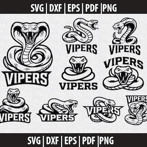 Peut inclure: Plusieurs illustrations de vipères en noir et blanc, avec le mot "VIPERS" dans différents styles. Les motifs incluent des serpents enroulés et des têtes de cobra, pour projets graphiques.