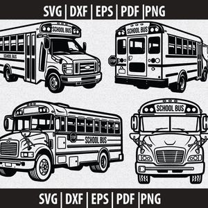 Puede incluir: Ilustraciones en blanco y negro de autobuses escolares en varias vistas. Las imágenes incluyen el texto "SCHOOL BUS" en los autobuses y en la parte superior de la imagen. Se enumeran los formatos de archivo SVG, DXF, EPS, PDF y PNG.