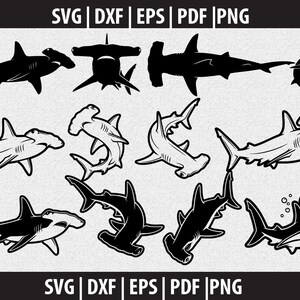 May include: A collection of black and white shark illustrations, including hammerhead sharks, in various poses. The image includes the text "SVG | DXF | EPS | PDF | PNG" at the top and bottom, indicating file formats.