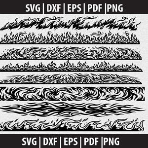 May include: Black and white flame designs in various styles. The image features multiple horizontal bands of stylized flames, suitable for digital art or design projects. The top and bottom of the image include the text "SVG | DXF | EPS | PDF | PNG".