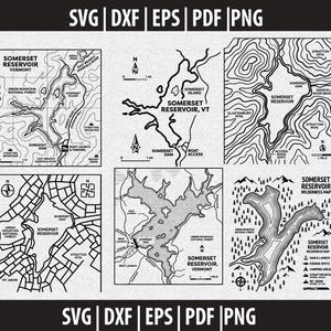 May include: A collection of six black and white digital map designs of Somerset Reservoir, Vermont. Each graphic features topographical lines, water bodies, and landmarks like Somerset Dam, Stratton Mountain, and Green Mountain National Forest.