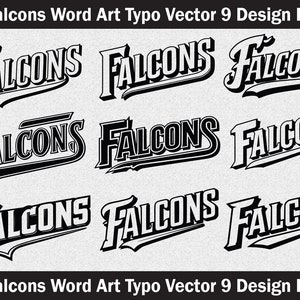 May include: Nine different variations of the word "Falcons" in a bold, black, stylized font. The word is set in a variety of angles and styles, with some versions featuring a shadow effect.