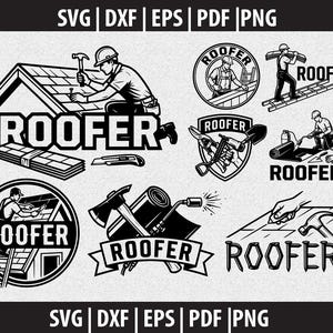 Könnte beinhalten: Schwarz-Weiß-Illustrationen von Dachdeckerwerkzeugen und -arbeitern. Das Wort "ROOFER" wird in verschiedenen Designs angezeigt, zusammen mit Bildern eines Arbeiters auf einem Dach, einer Leiter und Werkzeugen wie Hammer, Axt und Brenner. Der Text "SVG | DXX | EPS | PDF | PNG" ist ebenfalls enthalten.