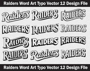 Könnte beinhalten: Zwölf Variationen des Wortes "Raiders" in einer schwarz-weißen, stilisierten Schriftart. Das Wort wird in verschiedenen Stilen angezeigt, darunter eine geschwungene, fette und schattenhafte Schriftart.