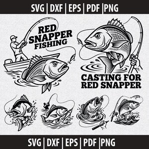 May include: A collection of black and white illustrations depicting red snapper fishing. The image features a fisherman, fish leaping from water, and the text "RED SNAPPER FISHING" and "CASTING FOR RED SNAPPER".