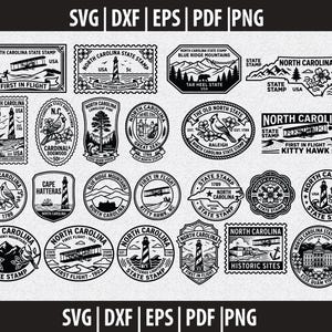 Puede incluir: Una colección de ilustraciones vectoriales en blanco y negro con temas del estado de Carolina del Norte, incluyendo el faro de Cape Hatteras, el avión de los hermanos Wright, el ave y el sello estatal, etiquetados con SVG, DXF, EPS, PDF, PNG.