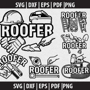 Può includere: Elementi di design grafico in bianco e nero per i carpentieri, tra cui un casco, strumenti e la parola "ROOFER". Il design include una scala, un'imbracatura di sicurezza e vari strumenti di costruzione.