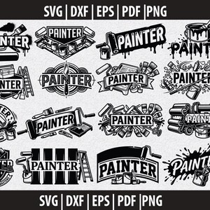 Könnte beinhalten: Eine Sammlung von schwarz-weißen Designs zum Thema Maler. Jedes Design zeigt das Wort "PAINTER" mit verschiedenen Werkzeugen wie Farbwalzen, Pinseln, Farbtöpfen und Leitern. Die Designs eignen sich für SVG-, DXF-, EPS-, PDF- und PNG-Formate.