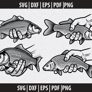 May include: A black and white digital graphic set featuring four illustrations of hands holding fish. The text SVG | DXF | EPS | PDF | PNG is displayed at the top and bottom of the image. Each fish has detailed scales and fins, rendered in a clean, high-contrast line art style.