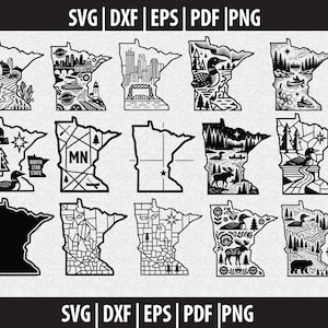 May include: A collection of fifteen black and white digital illustrations of the state of Minnesota in various artistic styles, including outlines, geometric patterns, and detailed nature scenes featuring loons, moose, bears, and forests.