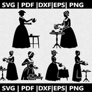 Colonial Woman Serving Tea Silhouette Cut file logo SVG PNG Clipart vector design