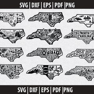 May include: A collection of twelve black and white digital illustrations shaped like the state of North Carolina, featuring various icons such as lighthouses, mountains, birds, flowers, and city names. The text SVG, DXF, EPS, PDF, PNG appears at the top and bottom.