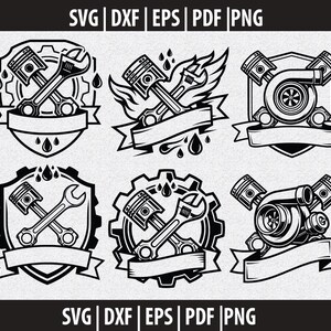 Puede incluir: Una colección de seis ilustraciones vectoriales en blanco y negro con temas automotrices, incluyendo pistones, llaves inglesas, engranajes, turbos y llamas, cada una con una cinta en blanco para texto, etiquetadas SVG, DXF, EPS, PDF, PNG.
