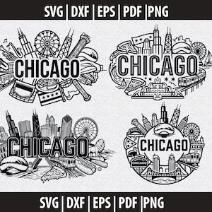 May include: Black and white illustrations of Chicago landmarks, including the skyline, Ferris wheel, and pizza slices. The word "CHICAGO" is prominently displayed in each design. The image also includes the file type options: SVG, DXF, EPS, PDF, and PNG.