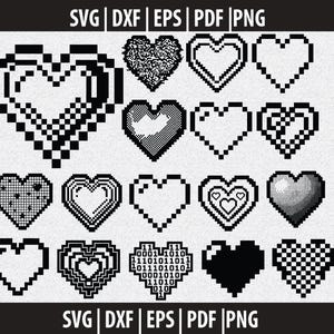 May include: A collection of nineteen black and white pixel art heart icons arranged in a grid. The designs include various patterns such as checkers, binary code, outlines, and solid fills. The text SVG, DXF, EPS, PDF, PNG appears at the top and bottom.