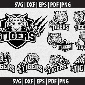 Może przedstawiać: Zbiór czarno-białych grafik z motywem tygrysa. Projekty obejmują twarze tygrysów, pazury i słowo "TIGERS" w różnych stylach czcionek. Odpowiednie do projektów graficznych, logo drużyn sportowych lub odzieży.