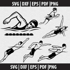 May include: Black and white graphic of swimmers in various strokes. The image includes text at the top and bottom that reads "SVG | DXF | EPS | PDF | PNG". The swimmers are wearing swim caps and goggles.