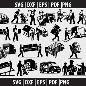 May include: Black and white vector illustrations depicting various moving and delivery scenarios. Images include people carrying furniture, boxes, and loading trucks and vans. Text at the top and bottom of the image reads "SVG | DXF | EPS | PDF | PNG."