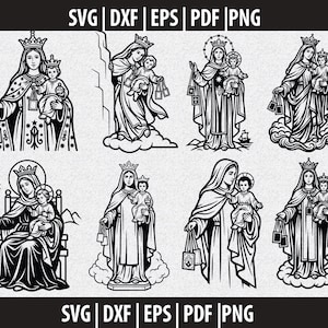 Puede incluir: Una colección de ocho ilustraciones en blanco y negro de la Virgen María con el niño Jesús. Cada figura lleva una corona y sostiene objetos. Las imágenes están en formato vectorial, adecuadas para diversas aplicaciones de diseño.