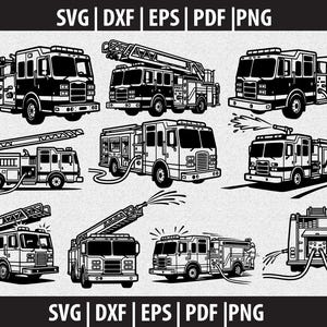 May include: Black and white illustrations of various fire trucks, including ladder trucks and pumpers. The image includes the text "SVG | DXF | EPS | PDF | PNG" at the top and bottom.