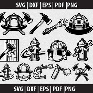 May include: Black and white illustrations of firefighting equipment, including axes, helmets, a fire hose, and a fire hydrant. The image also includes the text "SVG | DXF | EPS | PDF | PNG".