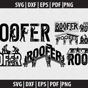 Könnte beinhalten: Schwarz-weißes Grafikdesign mit dem Wort "ROOFER" in verschiedenen Stilen, mit Silhouetten von Dachdeckern bei der Arbeit. Das Bild enthält Leitern, Werkzeuge und Dachbauszenen, mit Dateityp-Indikatoren.