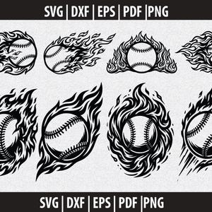 May include: A collection of eight black and white baseball designs with flames. Each baseball is depicted with detailed stitching and is surrounded by stylized flames, creating a dynamic and energetic visual. The image also includes the text "SVG | DXF | EPS | PDF | PNG".
