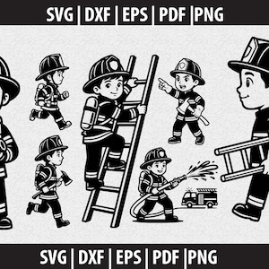 May include: A collection of black and white illustrations depicting cartoon firefighters. The images show firefighters in action, including climbing a ladder and using a hose. The text "SVG | DXF | EPS | PDF | PNG" is included.